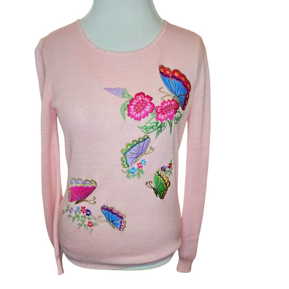 Retro 70s Womens Medium Sweater Pink‎ Embroidered Butterflies Flowers